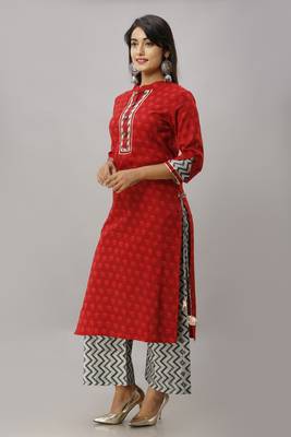 Women's Cotton Printed Straight Red Kurta Palazzo Set 2