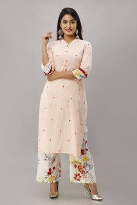 Women's Cotton Printed Straight Peach Kurta Palazzo Set 1