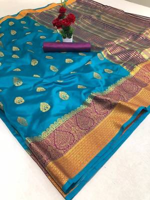 Sky blue woven silk saree with blouse 1
