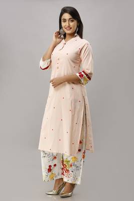 Women's Cotton Printed Straight Peach Kurta Palazzo Set 3