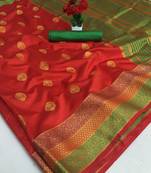Red woven silk saree with blouse