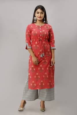 Women's Cotton Buta Printed Straight Coral Kurta Palazzo Set 1