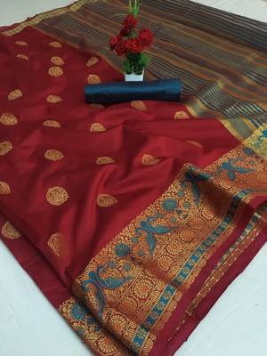 Maroon woven silk saree with blouse 1