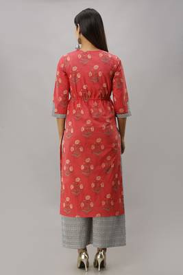 Women's Cotton Buta Printed Straight Coral Kurta Palazzo Set 2