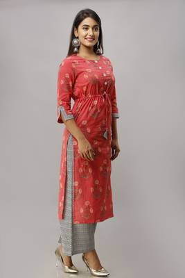 Women's Cotton Buta Printed Straight Coral Kurta Palazzo Set 3