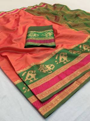 Peach woven silk saree with blouse 1
