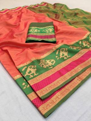 Peach woven silk saree with blouse 2