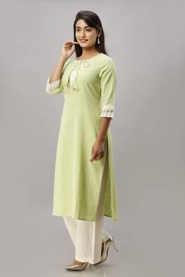 Women's Cotton Slub Solid Straight Pastel Green Kurta Palazzo Set 1