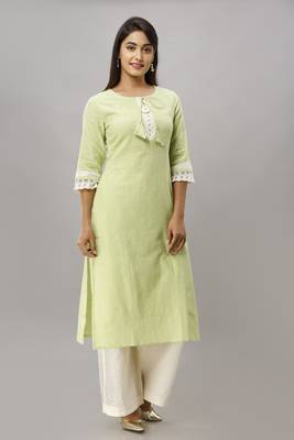 Women's Cotton Slub Solid Straight Pastel Green Kurta Palazzo Set 3