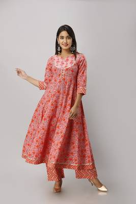 Women's Cotton Floral Printed Anarkali Orange Kurta Palazzo Set 1