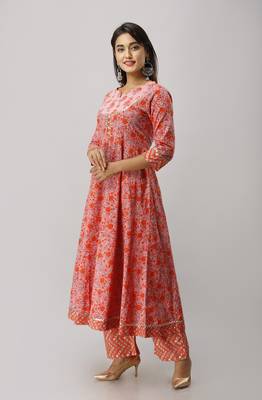 Women's Cotton Floral Printed Anarkali Orange Kurta Palazzo Set 2