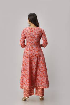 Women's Cotton Floral Printed Anarkali Orange Kurta Palazzo Set 3