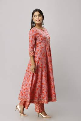 Women's Cotton Floral Printed Anarkali Orange Kurta Palazzo Set 4
