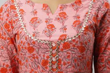 Women's Cotton Floral Printed Anarkali Orange Kurta Palazzo Set 5