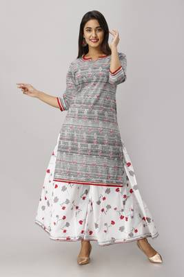 Women's Cotton Printed Straight Black & White Kurta Palazzo Set 1