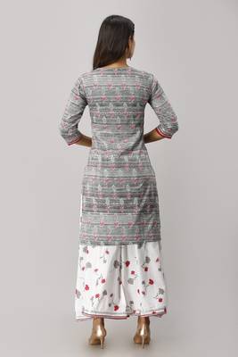 Women's Cotton Printed Straight Black & White Kurta Palazzo Set 2