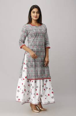 Women's Cotton Printed Straight Black & White Kurta Palazzo Set 3