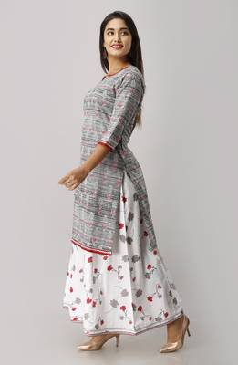 Women's Cotton Printed Straight Black & White Kurta Palazzo Set 4