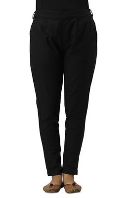 Women's Black Cotton Slub Solid Straight Trouser Pant 1