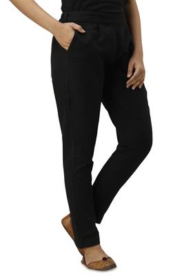 Women's Black Cotton Slub Solid Straight Trouser Pant 2