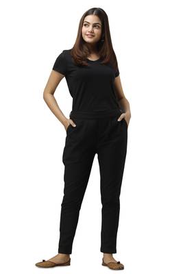 Women's Black Cotton Slub Solid Straight Trouser Pant 3