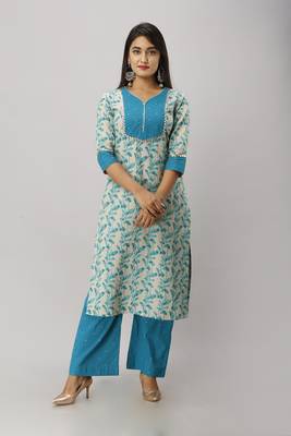 Women's Cotton Leaf Printed Straight Teal Kurta Palazzo Set 1