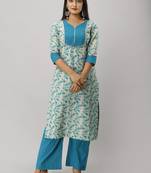Women's Cotton Leaf Printed Straight Teal Kurta Palazzo Set