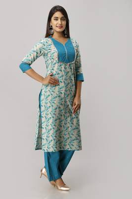 Women's Cotton Leaf Printed Straight Teal Kurta Palazzo Set 2