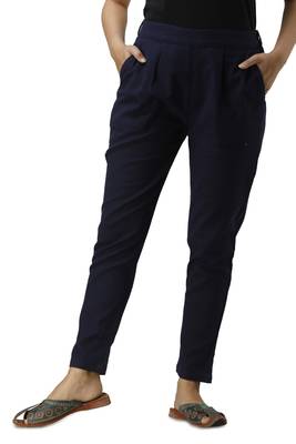 Women's blue Cotton Slub Solid Straight Trouser Pant 1