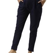 Women's blue Cotton Slub Solid Straight Trouser Pant