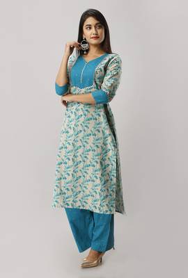 Women's Cotton Leaf Printed Straight Teal Kurta Palazzo Set 3