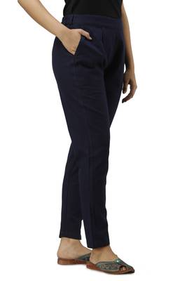 Women's blue Cotton Slub Solid Straight Trouser Pant 2