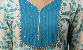 Women's Cotton Leaf Printed Straight Teal Kurta Palazzo Set 4