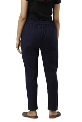 Women's blue Cotton Slub Solid Straight Trouser Pant 3