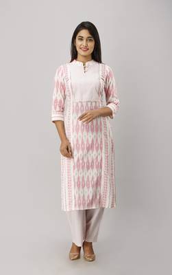 Women's Cotton Ikat Printed Straight Pink Kurta Palazzo Set 1