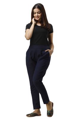 Women's blue Cotton Slub Solid Straight Trouser Pant 5
