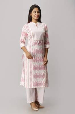 Women's Cotton Ikat Printed Straight Pink Kurta Palazzo Set 2