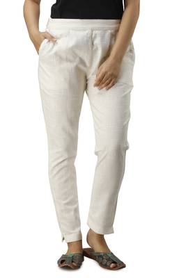 Women's off white Cotton Slub Solid Straight Trouser Pant 1