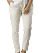 Women's off white Cotton Slub Solid Straight Trouser Pant