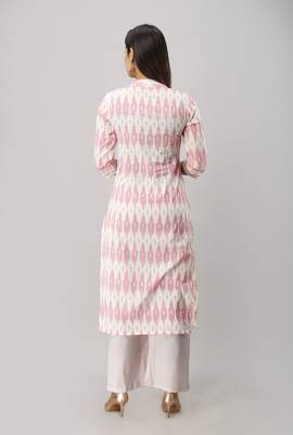 Women's Cotton Ikat Printed Straight Pink Kurta Palazzo Set 3