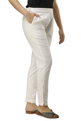 Women's off white Cotton Slub Solid Straight Trouser Pant 2