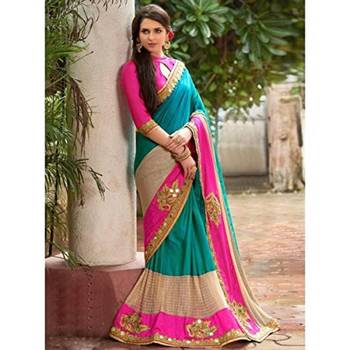 green embroidery georgette saree with blouse 1
