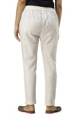 Women's off white Cotton Slub Solid Straight Trouser Pant 3
