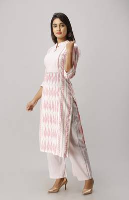 Women's Cotton Ikat Printed Straight Pink Kurta Palazzo Set 4