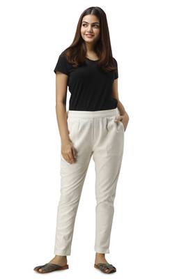 Women's off white Cotton Slub Solid Straight Trouser Pant 5