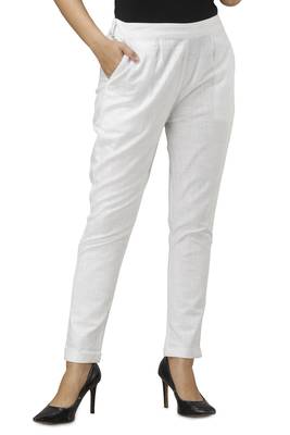 Women's White Cotton Slub Solid Straight Trouser Pant 1