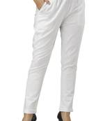 Women's White Cotton Slub Solid Straight Trouser Pant
