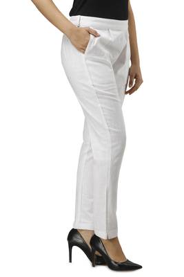 Women's White Cotton Slub Solid Straight Trouser Pant 2