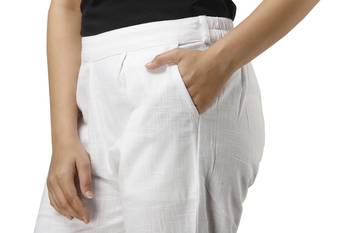Women's White Cotton Slub Solid Straight Trouser Pant 3