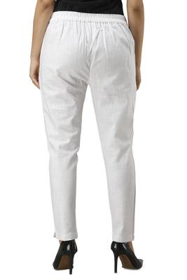 Women's White Cotton Slub Solid Straight Trouser Pant 4